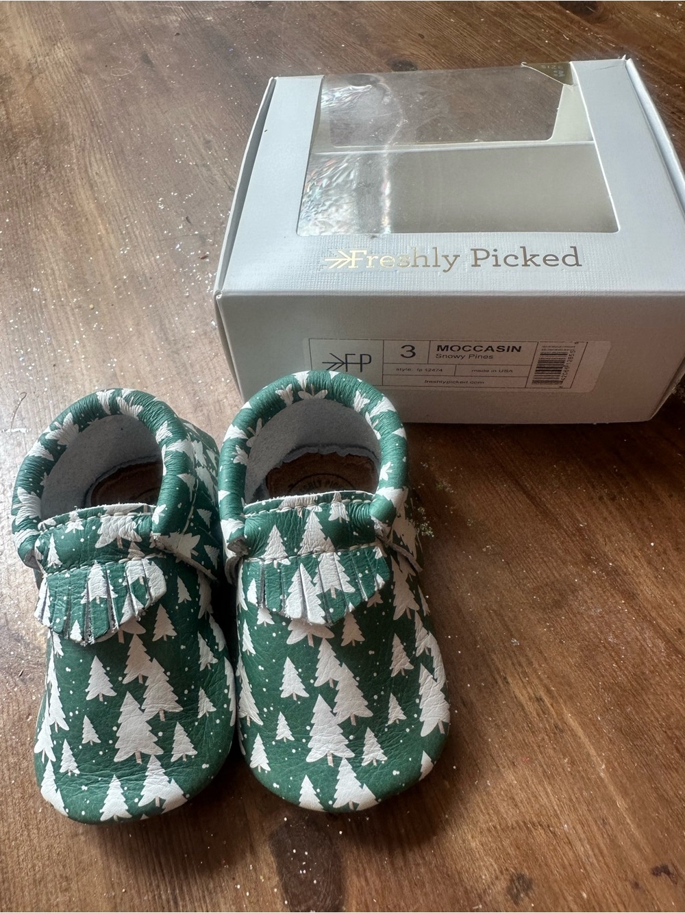 Freshly Picked Green Tree Print Baby Moccasins with White Trees